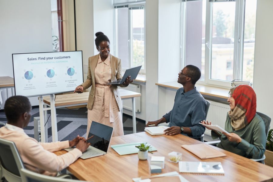 How to Choose the Best Conference Room Setup for Your Event 2 Conference room setup sales presentation diverse team