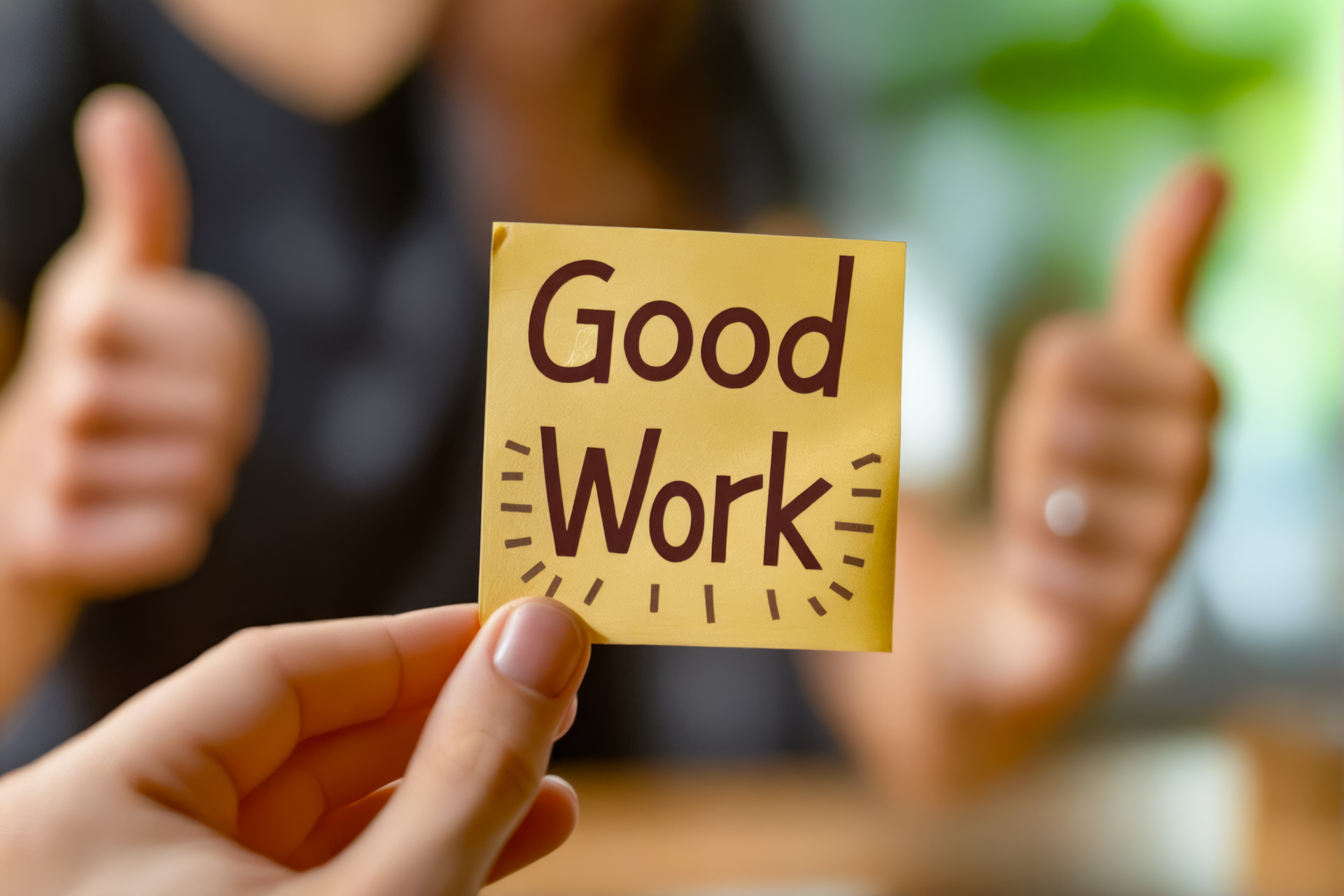A person holding up a sticky note with the word good work.